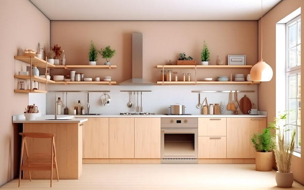 Minimalistisches Innendesign, Küchenzimmer in gemütlichen Beigetönen, dekoriert mit Holz