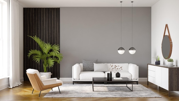 Minimalistisches Interieur des modernen Wohnzimmers 3D-Rendering