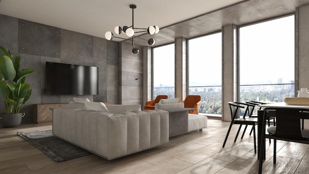 Minimalistisches Interieur des modernen Wohnzimmers 3D-Rendering