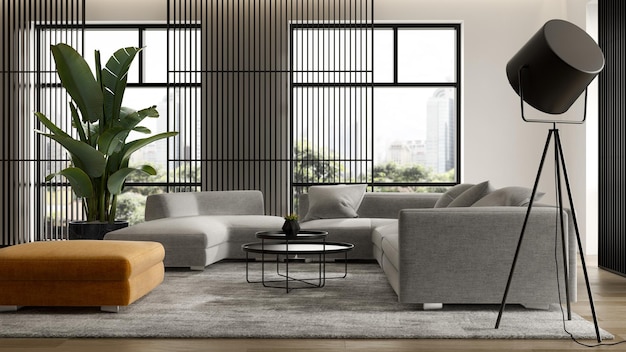 Minimalistisches Interieur des modernen Wohnzimmers 3D-Rendering