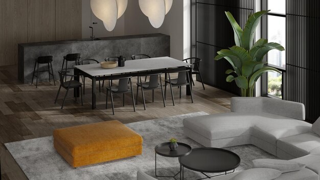 Minimalistisches Interieur des modernen Wohnzimmers 3D-Rendering