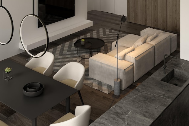 Minimalistisches Interieur des modernen Wohnzimmers 3D-Rendering