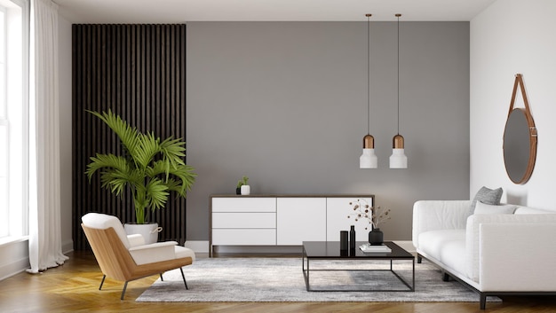 Minimalistisches Interieur des modernen Wohnzimmers 3D-Rendering