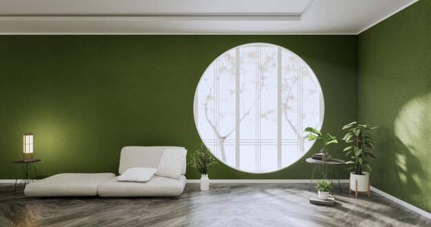 Minimalistisches Interieur, Sofamöbel und Pflanzen, modernes grünes Raumdesign.3D-Rendering