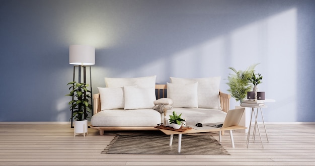 Minimalistisches Interieur, Sofamöbel und Pflanzen, modernes Raumdesign mit blauem Himmel. 3D-Rendering