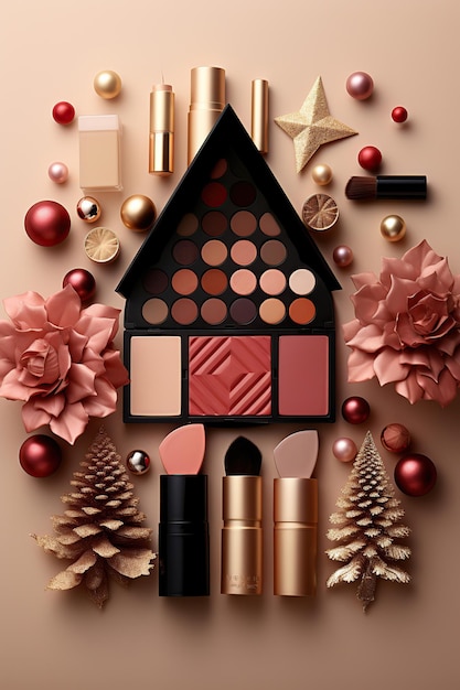 minimalistisches kostenloses Foto, das einen Weihnachtsbaum symbolisiert, gemacht mit Make-up-Kosmetik-Flatlay-Fotografie