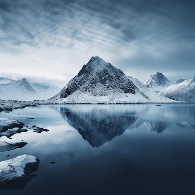 minimalistisches Landschaftsfoto, das die harmonische Konvergenz des Meeres, der Berge und des Schnees einfängt