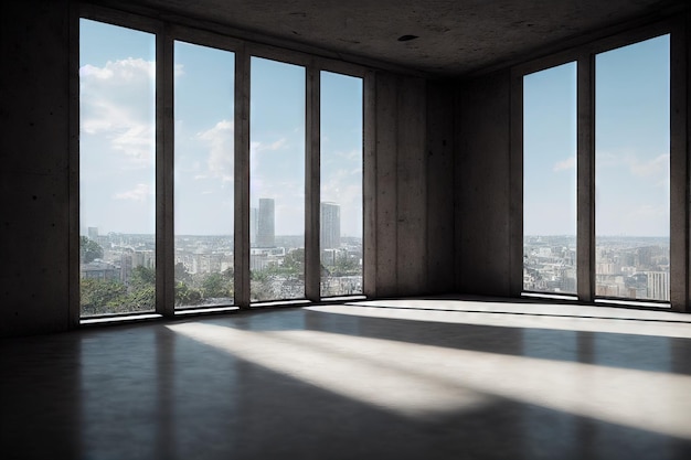 Minimalistisches Loft-Interieur mit Fenster zum Himmel