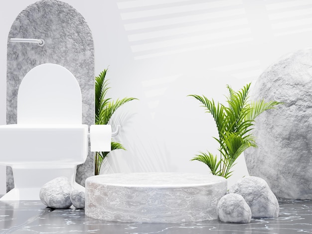 Minimalistisches Marmorkreispodium für die Produktpräsentation mit Boulderhintergrund und Toilette