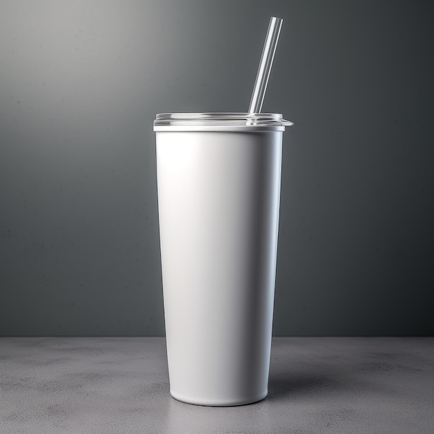 Minimalistisches Mockup, weißer Skinny Tumbler mit grauem Hintergrund, generative KI