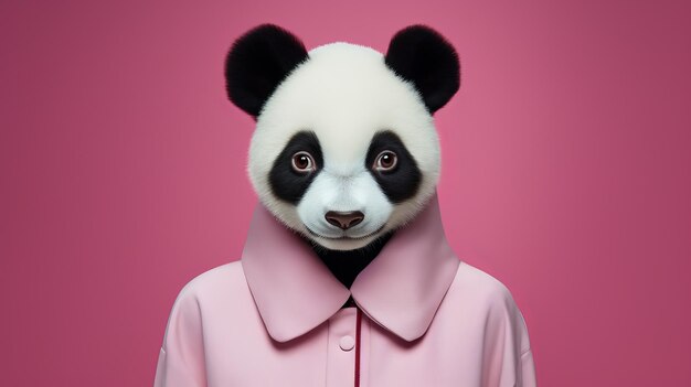 Foto minimalistisches modeporträt von panda-bären in übergroßem rosa mantel