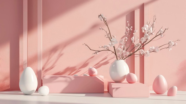 minimalistisches Podium mit Osterdekoration rosa Wand Tageslicht und Schatten