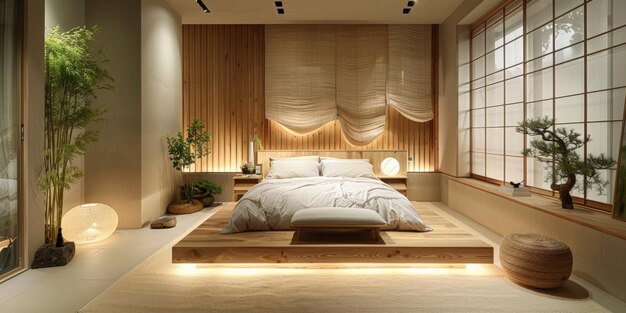 Minimalistisches Schlafzimmer mit einem großen Bett, Holzkopf in der Nähe von eingebauten Schrank-Boden-Dachfenstern