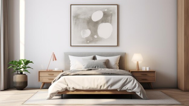 Minimalistisches Schlafzimmer mit organischer abstrakter Wandkunst in Grau