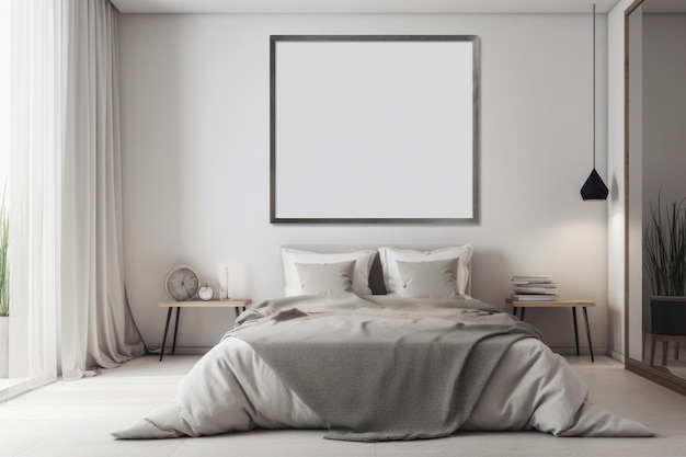 Minimalistisches Schlafzimmer mit Posterrahmen-Attrappe an weißer Wand