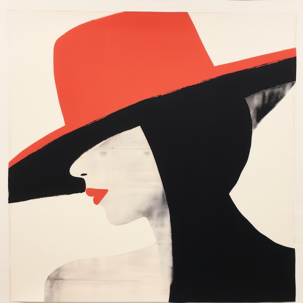 Minimalistisches Schwarz-Weiß-Kunstwerk Frau mit rotem Hut