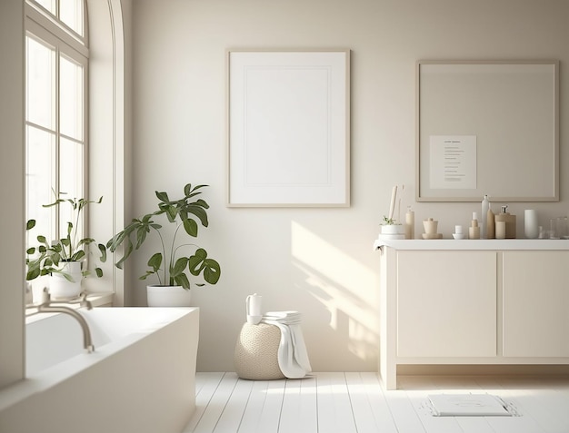 Minimalistisches skandinavisches Badezimmer-Innendesign mit kleinem, leerem Poster