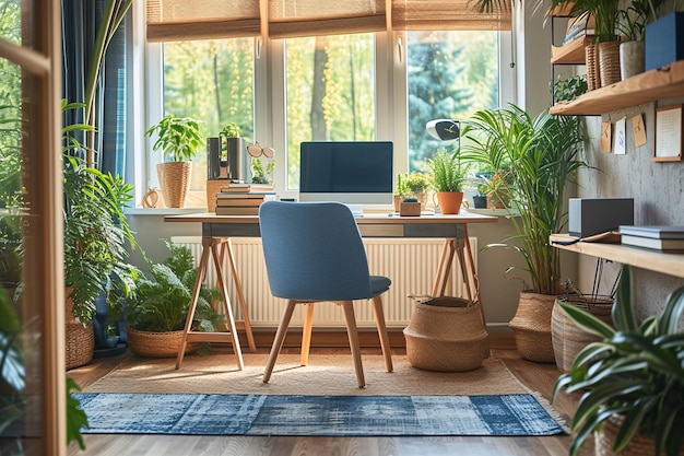 Minimalistisches skandinavisches Home-Office-Zimmer mit Pflanzen Weiße Wand Licht Weißer Goldstil Spärlich