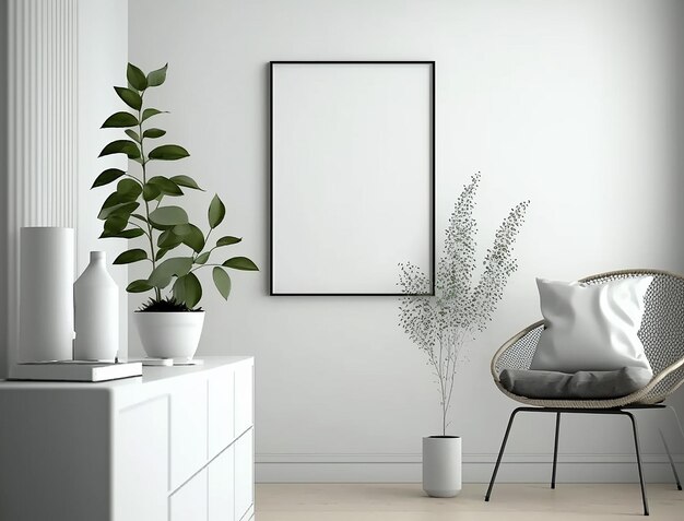 Minimalistisches skandinavisches Innendesign mit kleinem, leerem Poster-Mockup, erstellt mit generativer KI