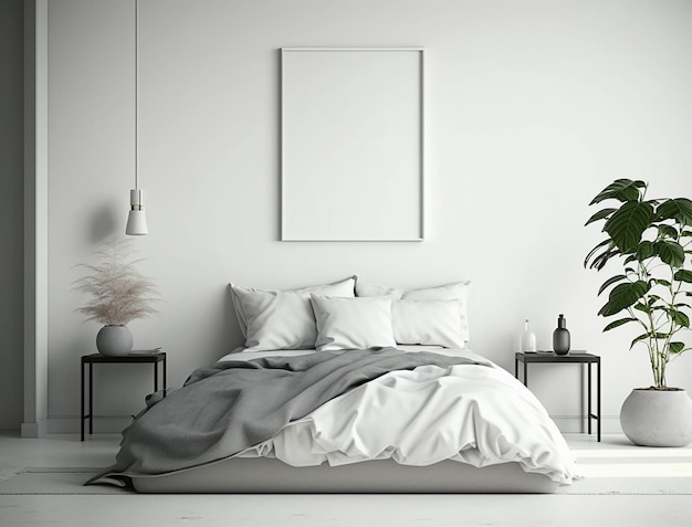 Minimalistisches skandinavisches Schlafzimmer-Innendesign mit kleinem leeren Poster-Mockup