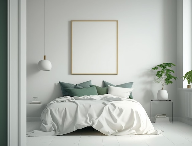 Minimalistisches skandinavisches Schlafzimmer-Innendesign mit kleinem leeren Poster-Mockup