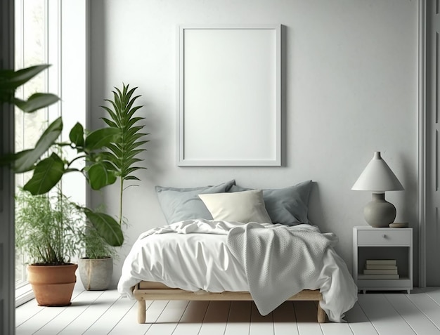 Minimalistisches skandinavisches Wohnzimmer-Innendesign mit kleinem, leerem Poster-Mockup