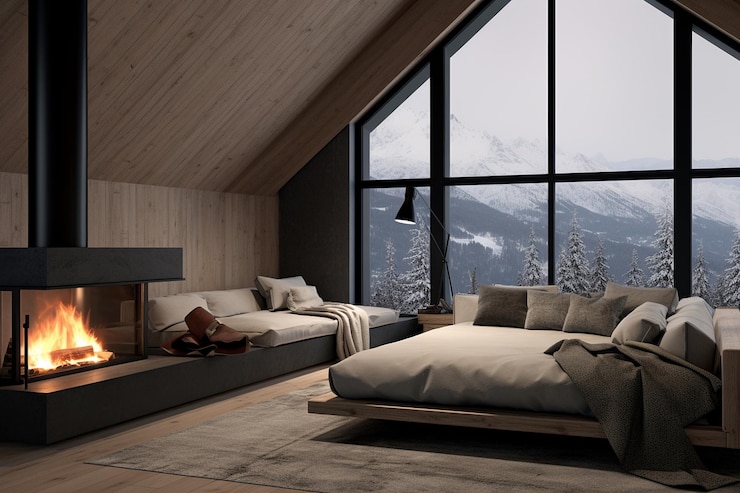 Foto minimalistisches ski-chalet-interieur mit gemütlichem kamin