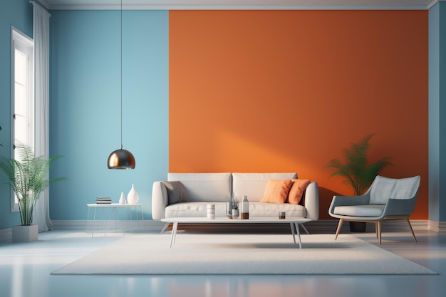 Minimalistisches Sofa in den Farben Blau und Orange