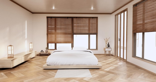 Minimalistisches, stilvolles Interieur des modernen Holzzimmers mit bequemem Bett. 3D-Rendering