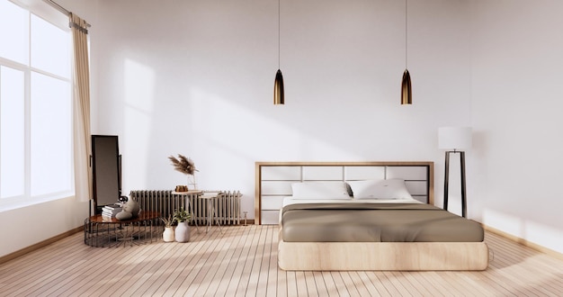 Minimalistisches, stilvolles Interieur des modernen Holzzimmers mit bequemem Bett. 3D-Rendering