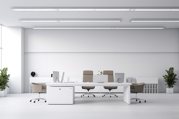 Minimalistisches und funktionelles weißes Offenspace-Büro mit Mockup-Wand Generative Ai