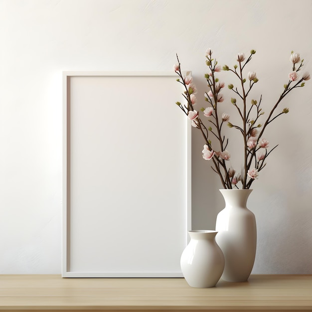 Minimalistisches weißes Portrait-Poster-Mockup mit Blumendekor auf Holztisch