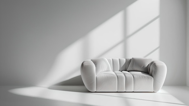 Minimalistisches weißes Sofa in einem hellen modernen Raum mit Sonnenlicht und Schatten Innenarchitektur-Stil KI