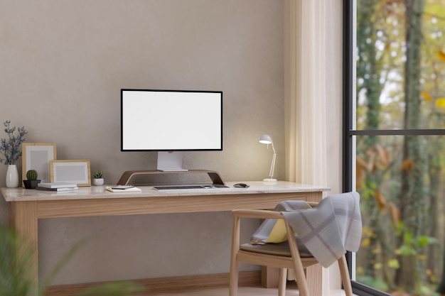 Minimalistisches, weißes und gemütliches Innendesign für den Arbeitsplatz zu Hause mit Computermodell