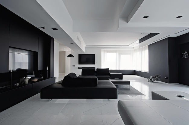 Minimalistisches Wohninterieur mit eleganten und modernen Möbeln in Schwarz-Weiß-Farbgebung