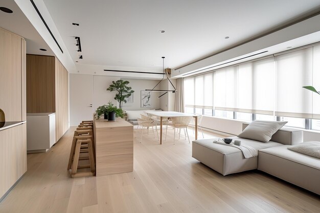 Minimalistisches Wohninterieur mit klaren Linien und neutralen Tönen zeigt Einfachheit und Raffinesse