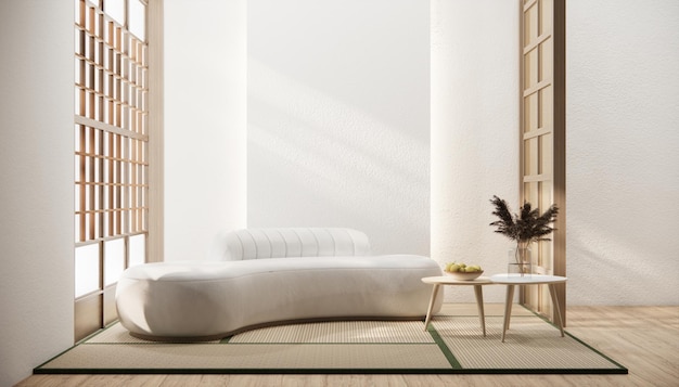 Minimalistisches Wohnzimmer im Japandi-Stil mit Sofa