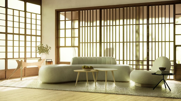 Minimalistisches Wohnzimmer im Japandi-Stil mit Sofa