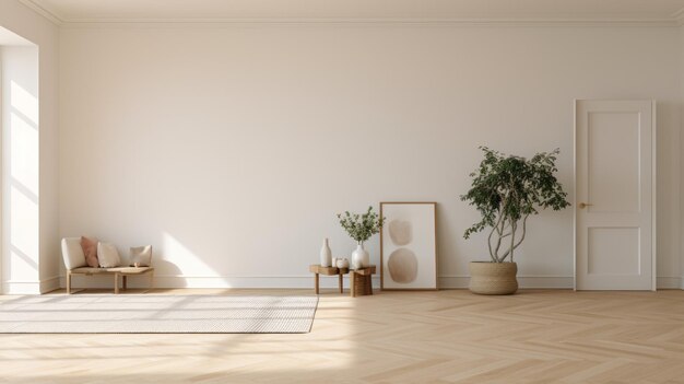 Minimalistisches Wohnzimmer im skandinavischen Stil mit weißen Wänden und natürlichen Elementen