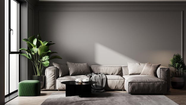 Minimalistisches Wohnzimmer-Interieur mit grauem Sofa, Pflanze, Couchtisch, Parkettboden, luxuriöses Interieur im skandinavischen Stil, 3D-Rendering