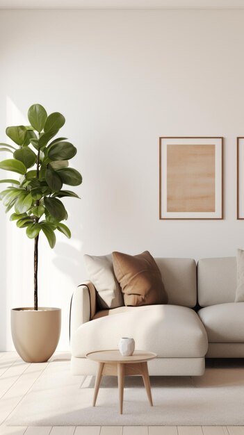 Foto minimalistisches wohnzimmer mit einer großen bodenpflanze als mittelstück, das einen pop von grün hinzufügt