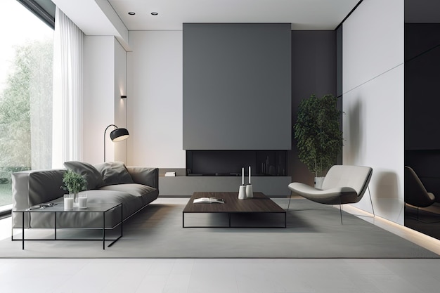 Minimalistisches Wohnzimmer mit eleganten Möbeln und minimalistischem Dekor