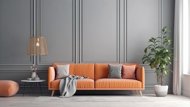 Minimalistisches Wohnzimmer mit gelbem Sofa und Teppich – Einrichtungsideen von Generative Ai