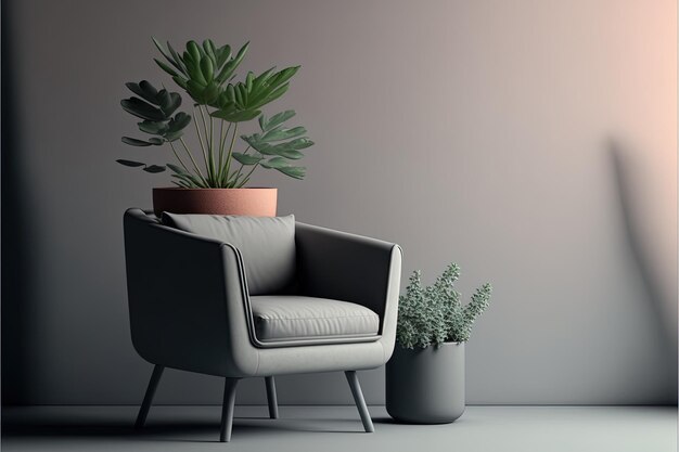 Minimalistisches Wohnzimmer mit grauer Wand, grauem Sessel und Topfpflanze. Generative KI