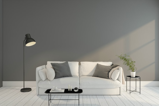 Minimalistisches Wohnzimmer mit grauer Wand- und Stehlampen-Beistelltisch-3D-Darstellung