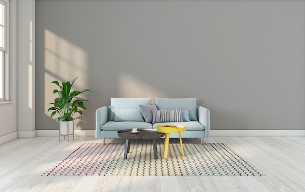 Minimalistisches Wohnzimmer mit hellblauem Sofa und Beistelltisch, grauer Wand und hellem Holzboden. 3D-Rendering