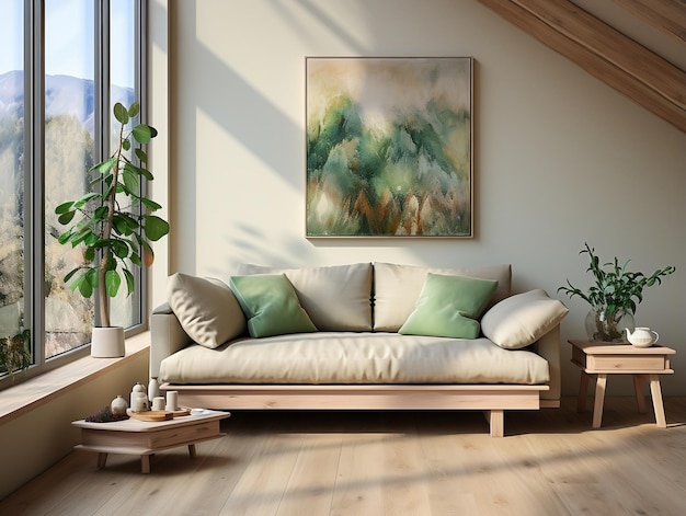 Foto minimalistisches wohnzimmer mit holzboden, sofa und grünen kleinen pflanzen