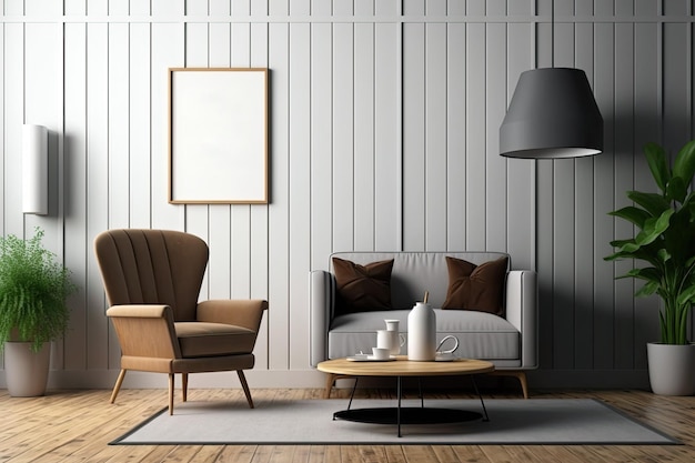 Minimalistisches Wohnzimmer mit Holzwänden und Boden gemütlicher grauer Sessel mit Stehlicht