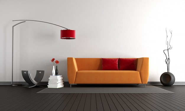 Minimalistisches Wohnzimmer mit orangefarbenem Sofa