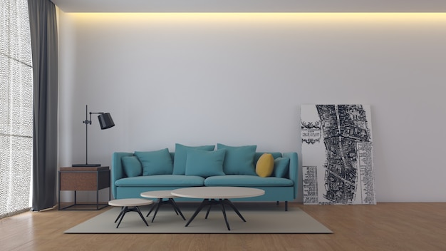 minimalistisches Wohnzimmer mit Sofa und Dekoration 3D-Rendering